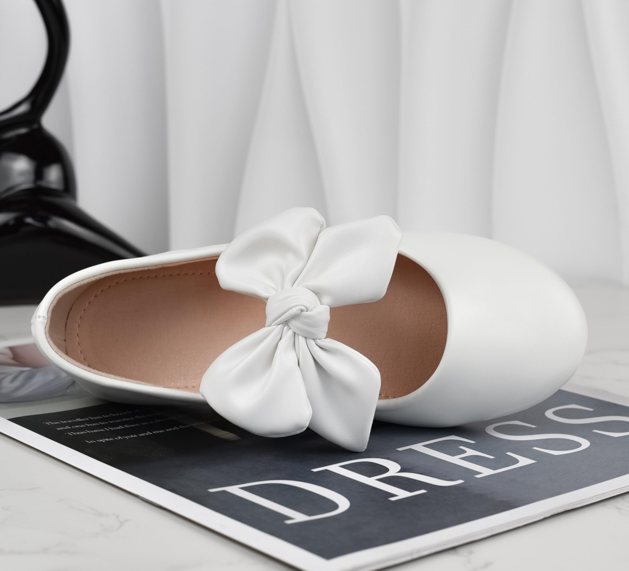Scarpe Mary Jane Eleganti per Ragazze Scarpe Ballerine Basse Bianche con Fiocco per Festa, Matrimonio, attività, Scuola