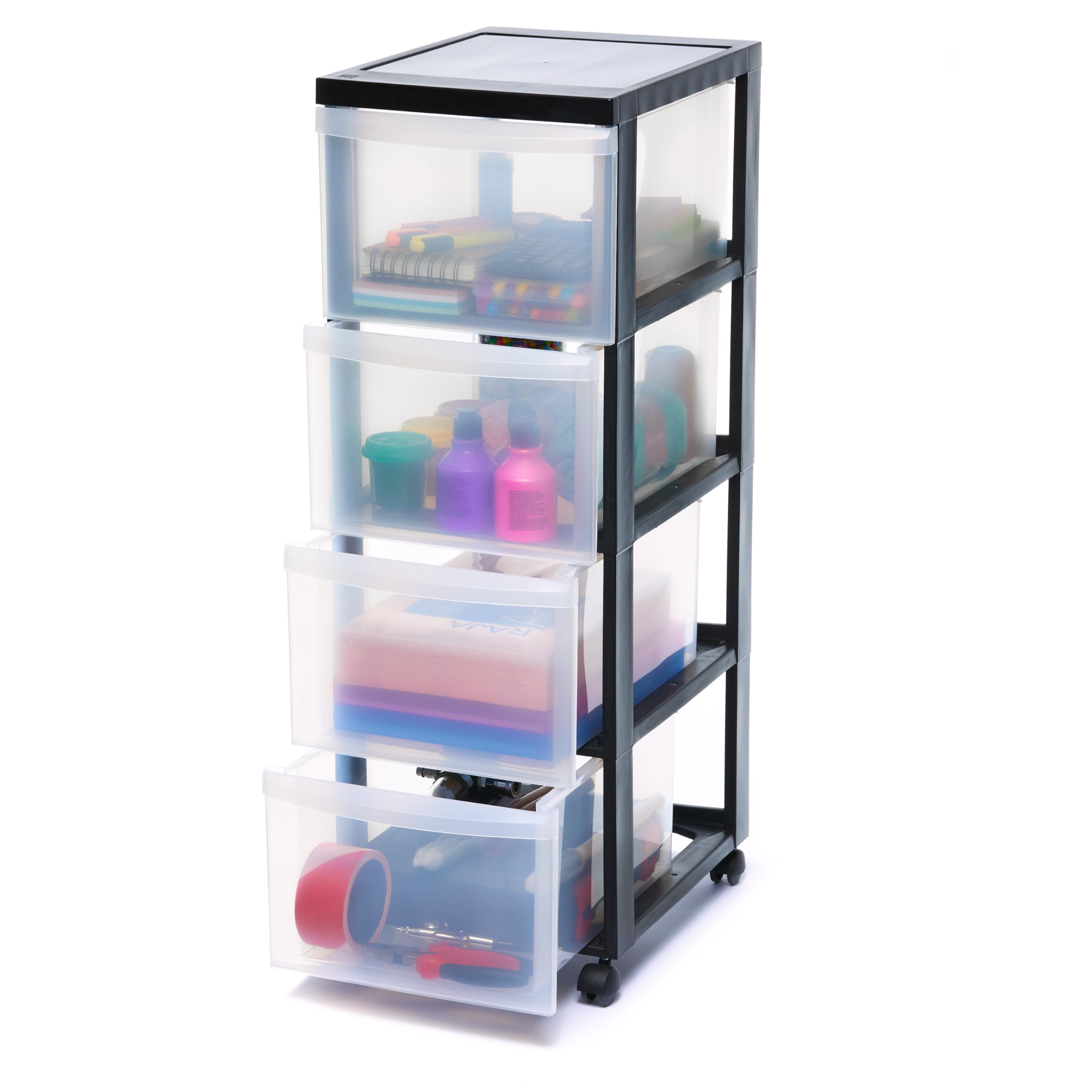 Iris Ohyama Kunststoff-Schubladenbox mit Rollen, 4 tiefen Schubladen, Schwarz, Griffe zum Ziehen, Für Schlafzimmer, Bad, Schule & Büro, BPA-frei, Schubladenschrank, Rollcontainer, A4 Drawer, DC-304
