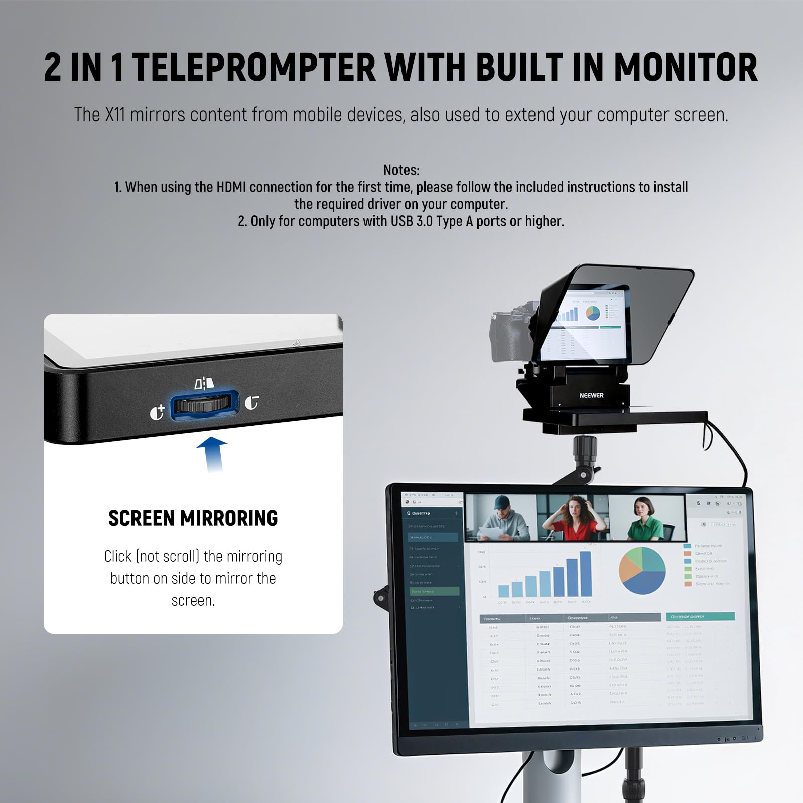 NEEWER 2 in 1 Teleprompter 11 Zoll mit Monitor für Windows MacOS, Tragbare Prompter für Kamera Webcam Handy Tablet Bildschirm Spiegelung, für YouTube Twitch Live Streaming Konferenz, X11