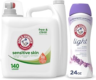 Bundle of Arm & Hammer Sensitive Skin Free & Clear, 140 Loads Liquid Laundry Detergent, 140 Fl oz + Arm & Hammer Light In-Wash Scent Booster Lavender Escape 24oz