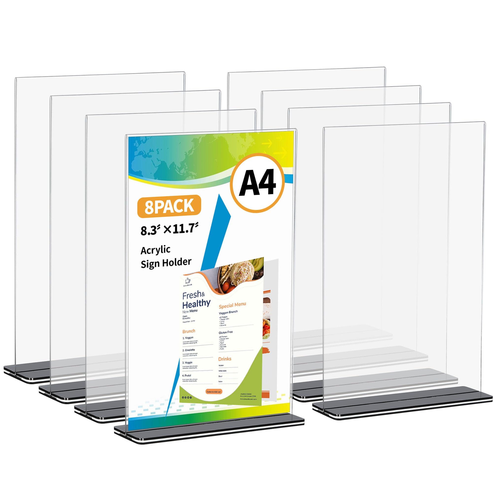 EKisemio A4 Acrylic Sign Holder, 8 Pack T-Shape Clear Double-Sided Display Stand - Plastic Poster & Menu Holders for Restaurants, Offices, Shops, Schools