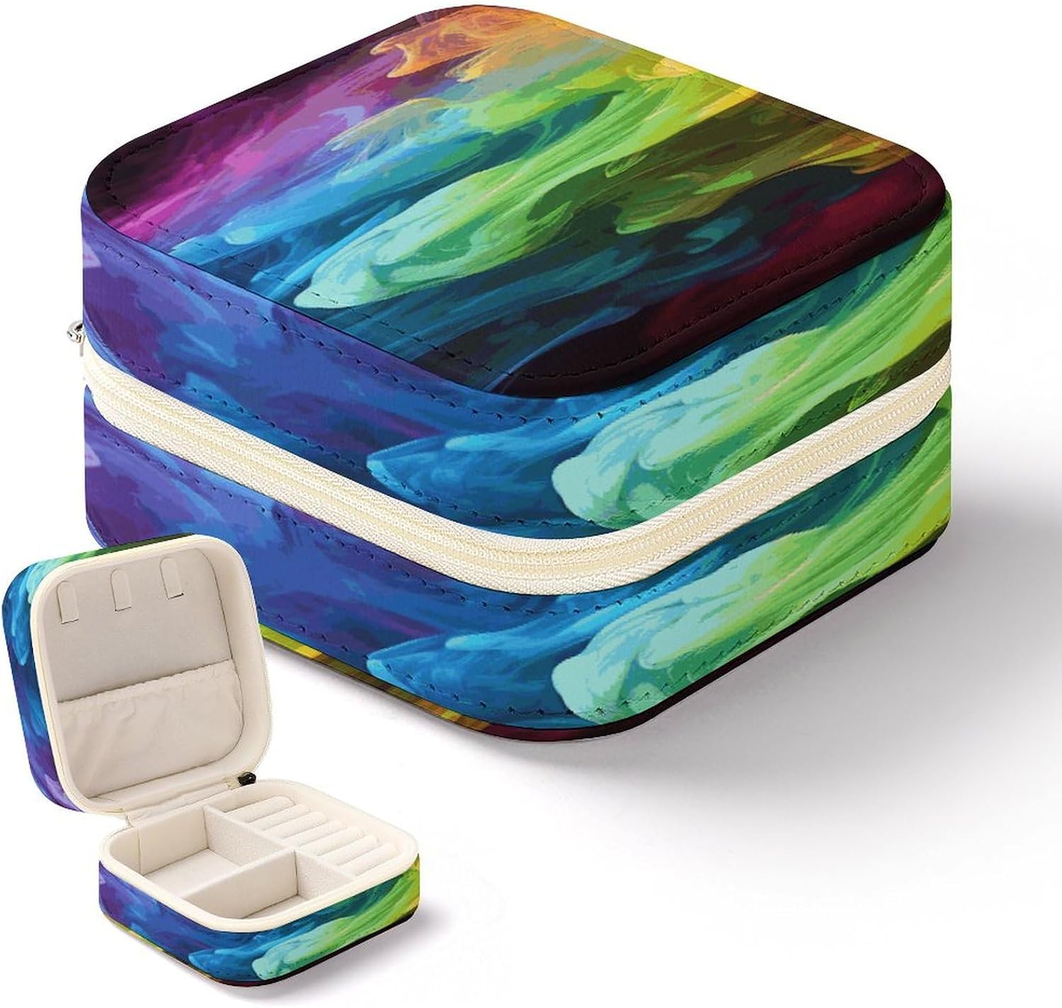 Women's Fashion Jewelry Box, Rainbow Smoke Printing To Go Portable Jewelry Box, Personalized Travel Mini Jewelry Organizer,Exquisite Portable Jewelry Box