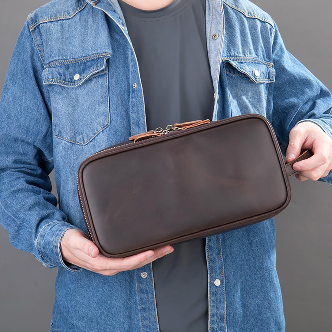 Neceser de viaje de piel auténtica para hombre, kit de afeitado, resistente al agua, organizador de artículos de tocador para accesorios, cosméticos, higiene, artículos esenciales de aseo