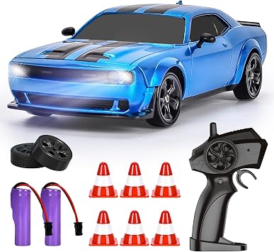 BuzzoXerex Drift Car Remote Controlled, Mini Drift Car, 124 4WD Mini RC Car with LED Lights, 18 km/h, RC Remote Controlled Toy Car for Adults and Children from 6 Years Older Blue