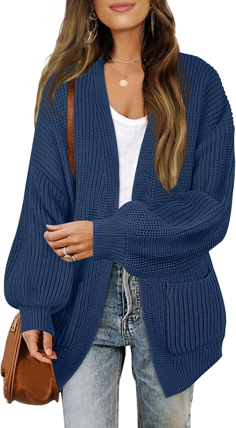 MEROKEETY Women's 2025 Open Front Chunky Cardigans Lantern Long Sleeve Oversized Knit Outwear with Pocket