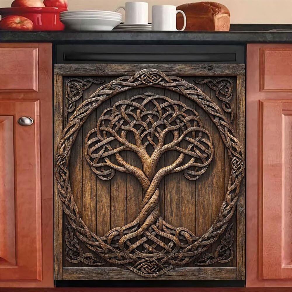 3D Carved Tree of Life Dishwasher Magnet Cover Decor Fridge Door Panel Decal, Vintage Wooden Tree of Life Refrigerator Magnetic Cover Vinyl Decal for Dishwasher Cabinet, Magnetic 23" x 26"