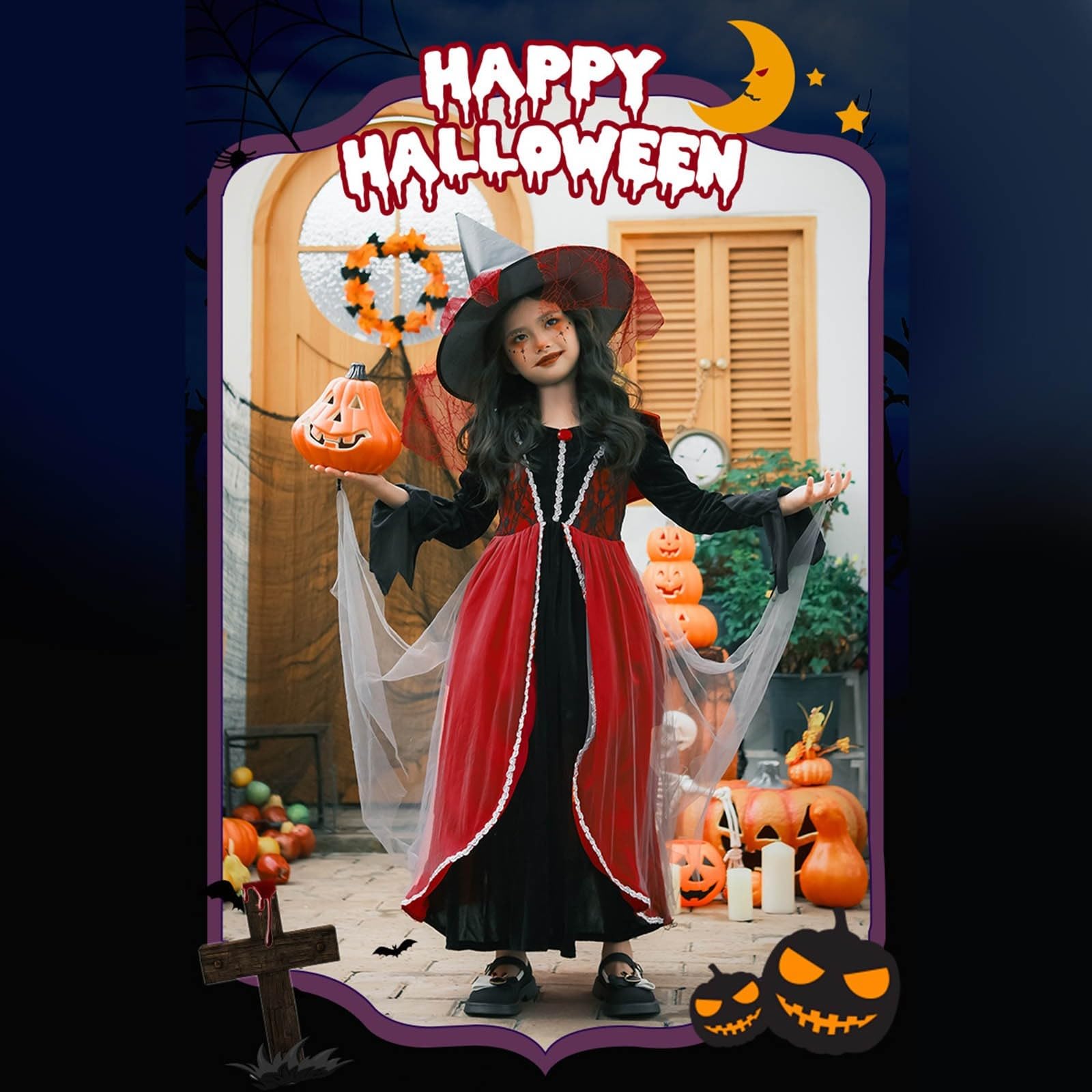 Generisch Disfraz de bruja para niña, disfraz de Halloween | Bata larga negra con capucha, cinturón, manga larga, para teatro y desfiles de Halloween