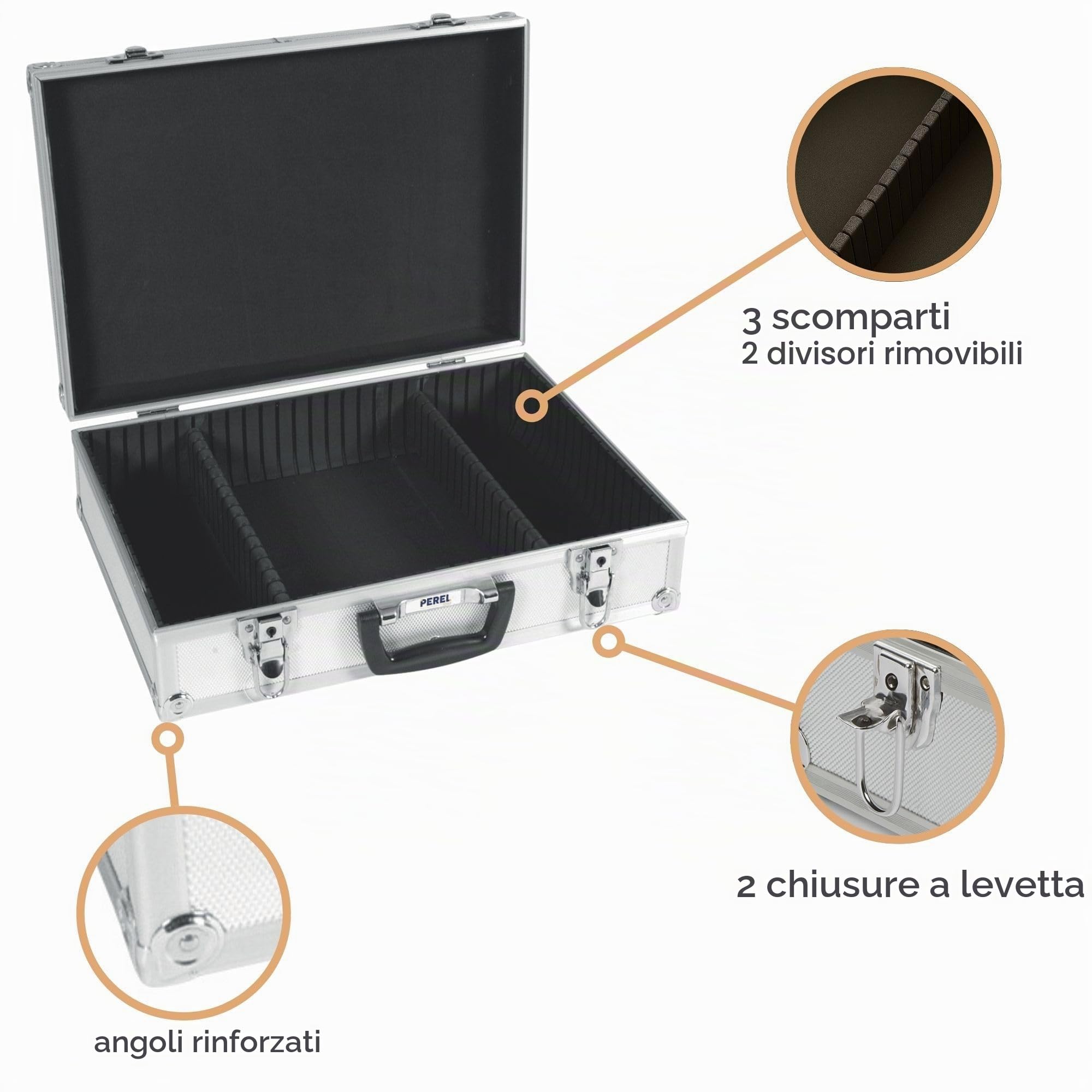 Perel Valigetta porta attrezzi in alluminio 425 x 305 x 125 mm con divisori regolabili, serratura con chiave (2 chiavi), valigetta rigida per utensili, fotocamera, laptop e strumenti di misura