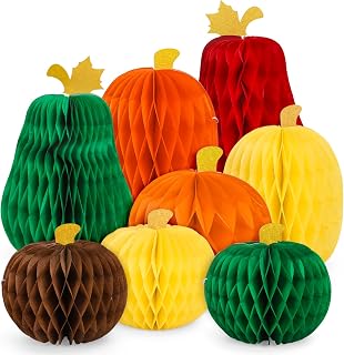 Fall Pumpkin Honeycomb Centerpieces Autumn Colored Pumpkin Honeycomb Decor 3D Assorted Thanksgiving Table Decoration for Party Home Tabletop Supplies, 8 Pcs