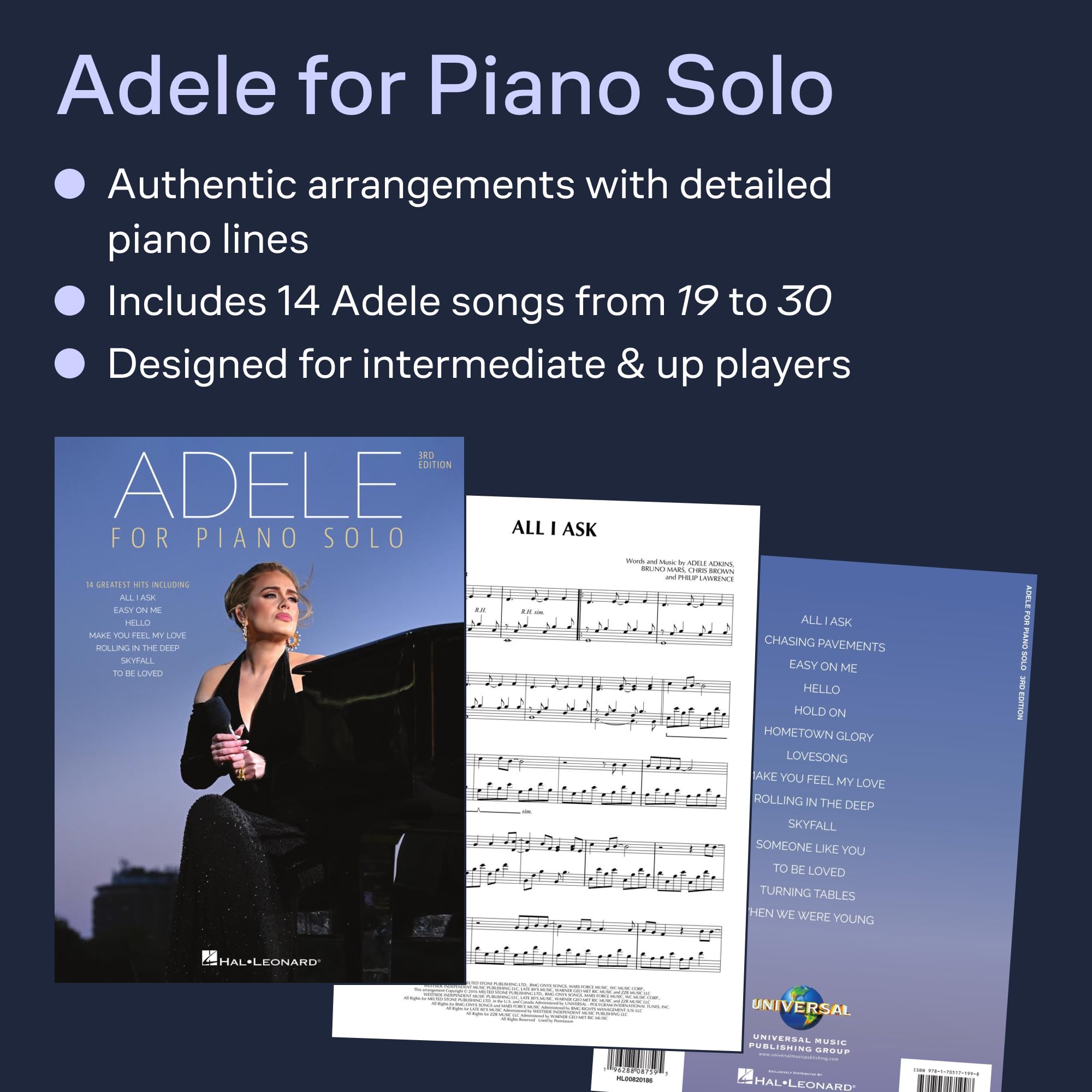 Adele for Piano Solo 3ème Édition | Recueil Partition Piano 14 Chansons Populaires | Hello Easy On Me Rolling in the Deep Skyfall | Arrangements Intermédiaire | Hal Leonard Livre Musique Pop
