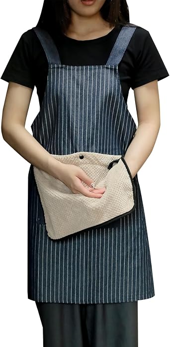 Welan Denim Cross Back Removable Towel Aprons for Men Women with Pockets | Striped No Tie Kitchen Cooking Apron with Detachable Towel Attached for Chef Gardening Baking Grilling Restaurant Painting