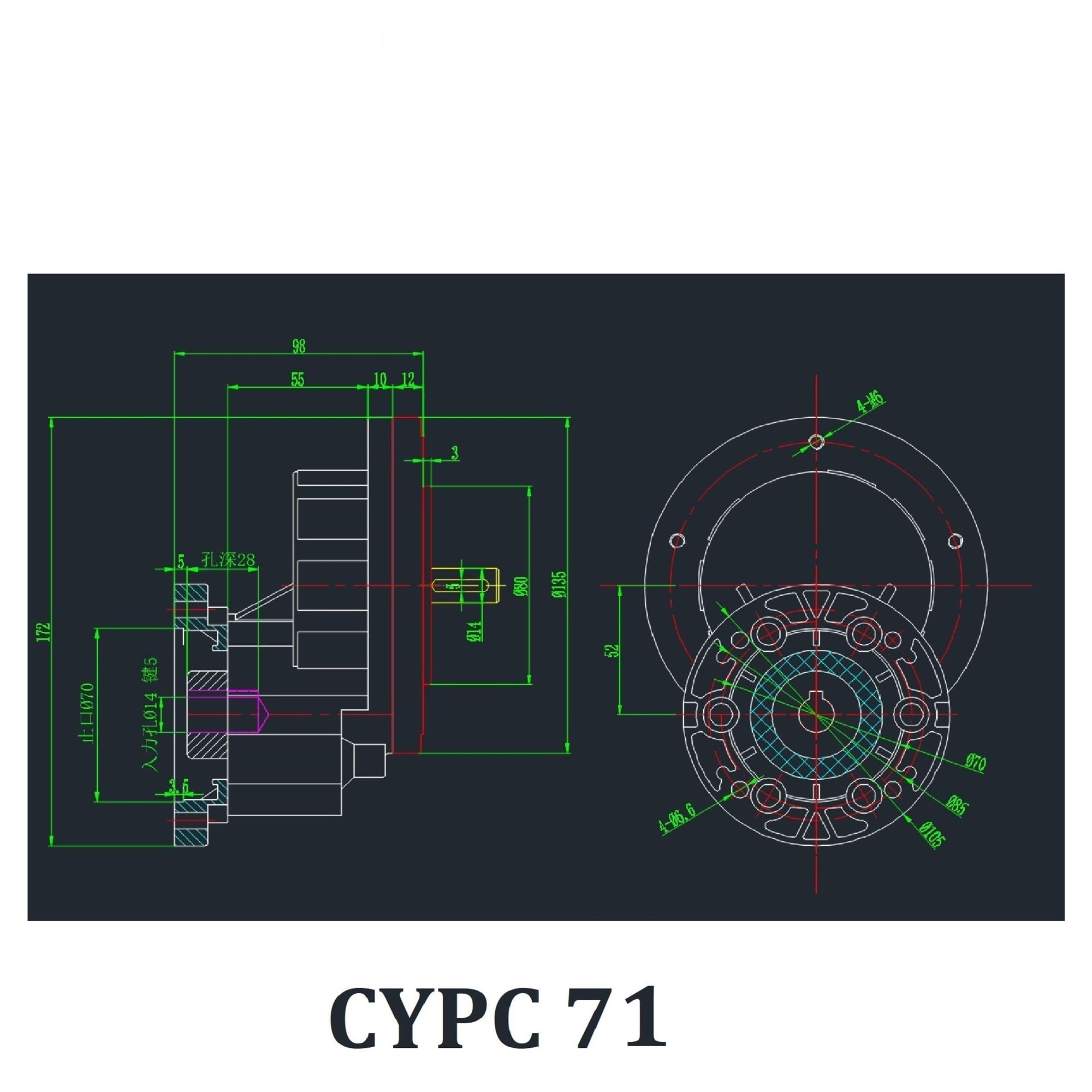 Schneckengetriebe der ersten Stufe mit hohem Drehmoment CYPC71 mit Stirnradgetriebe Eingang 14 Ausgang 14 mm Nicht ganzzahliges Verhältnis 2:1/5:1(Input 14mm 71B5)