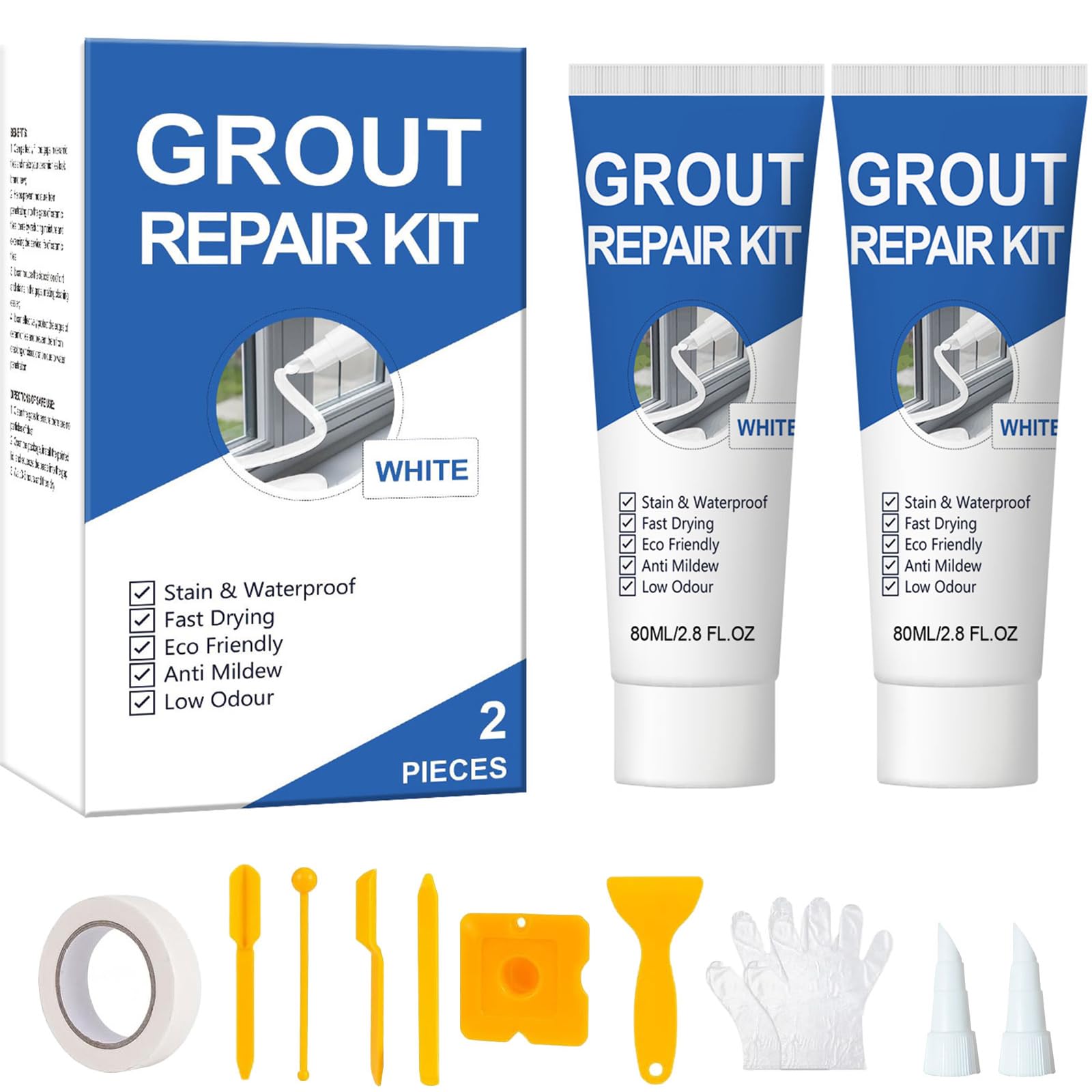 Tile Grout Repair Kit, 2 Pack White Grout Filler, Fast Drying and Waterproof Tile Grout Repair for Bathroom Shower Kitchen, Restore & Renew Tile Joints Line