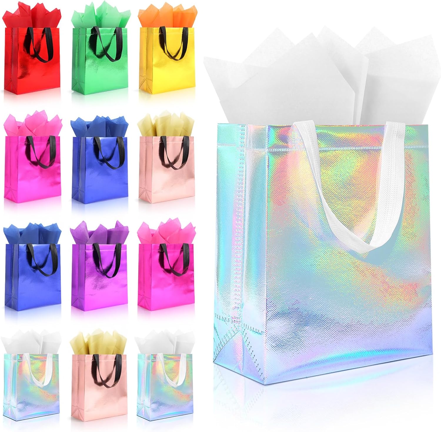 Ethhqu 12 Pack Reusable Iridescent Gift Bags with Handles, Medium Size 10x4x8 Inches - Includes 24 Tissue Papers for Birthday Party, Wedding, Baby Shower, Christmas & Holiday Gifts (Color Mixing Gift Bag, 12Pcs)
