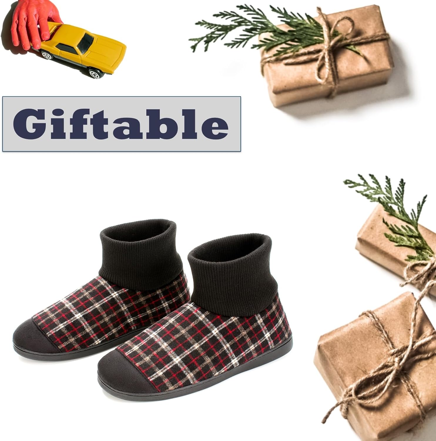 Cozylook Men's Slippers with Knitted Cuff Cozy Memory Foam Non-slip Indoor Outdoor Slipper Socks with Rubber Sole Red/Black Checkered Size 10-11 - Image 2