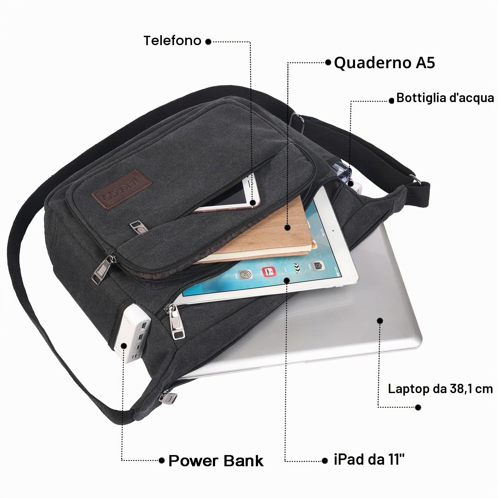 JAKAGO Borsa a tracolla in tela da uomo/donna con tasche multiple per scuola viaggi pesca campeggio uso quotidiano
