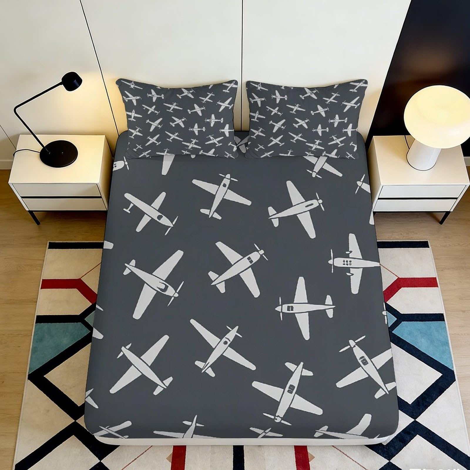 3D Printed Airplane Pattern Fitted Sheet Microfiber Elastic Hem Deep Pocket Airplane Mattress Fitted Cover for Bedroom 160x200x25cm