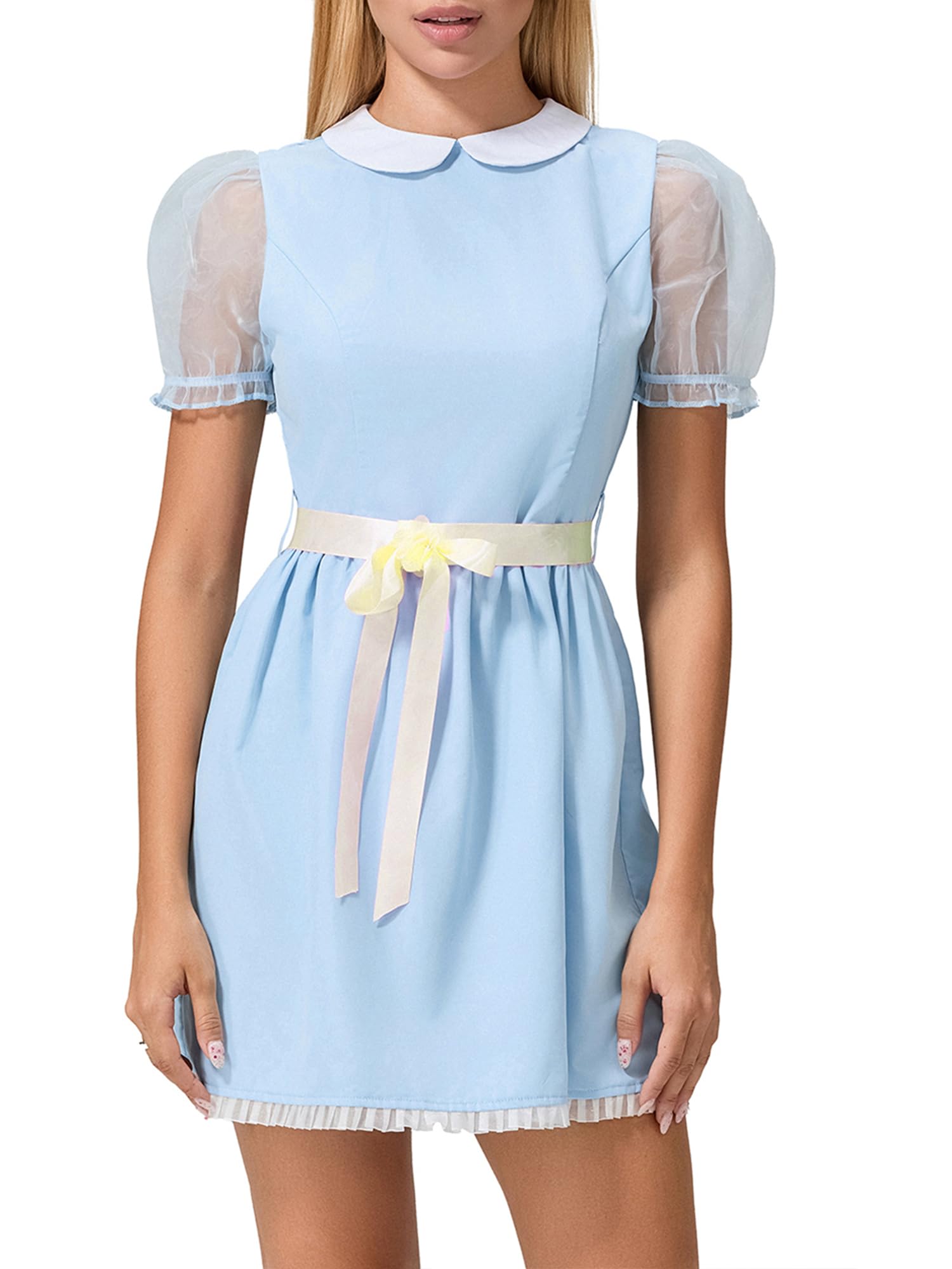LYSINK Women Halloween Costume Short Puff Sleeve Blue Doll Dress Sister Twins Cosplay Lolita Mini Dress (A1-Light Yellow, S)