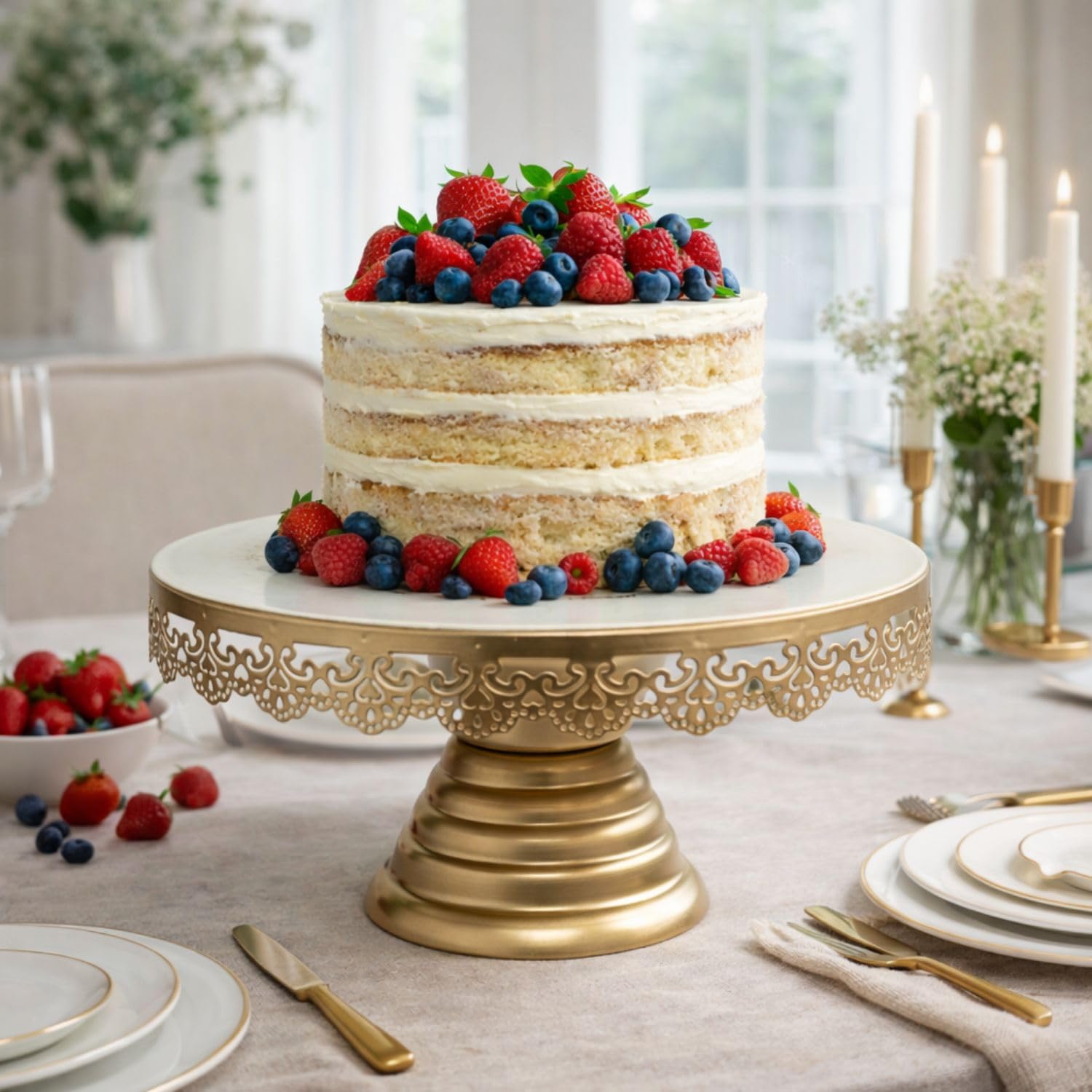 THE UNIQUE DESIGNS Metal Cake Stand with Ivory Top & Gold Base | Premium Dessert & Cake Display Stand for Parties, Birthdays & Weddings (Ivory & Gold, Large 11x5.5 Inch)