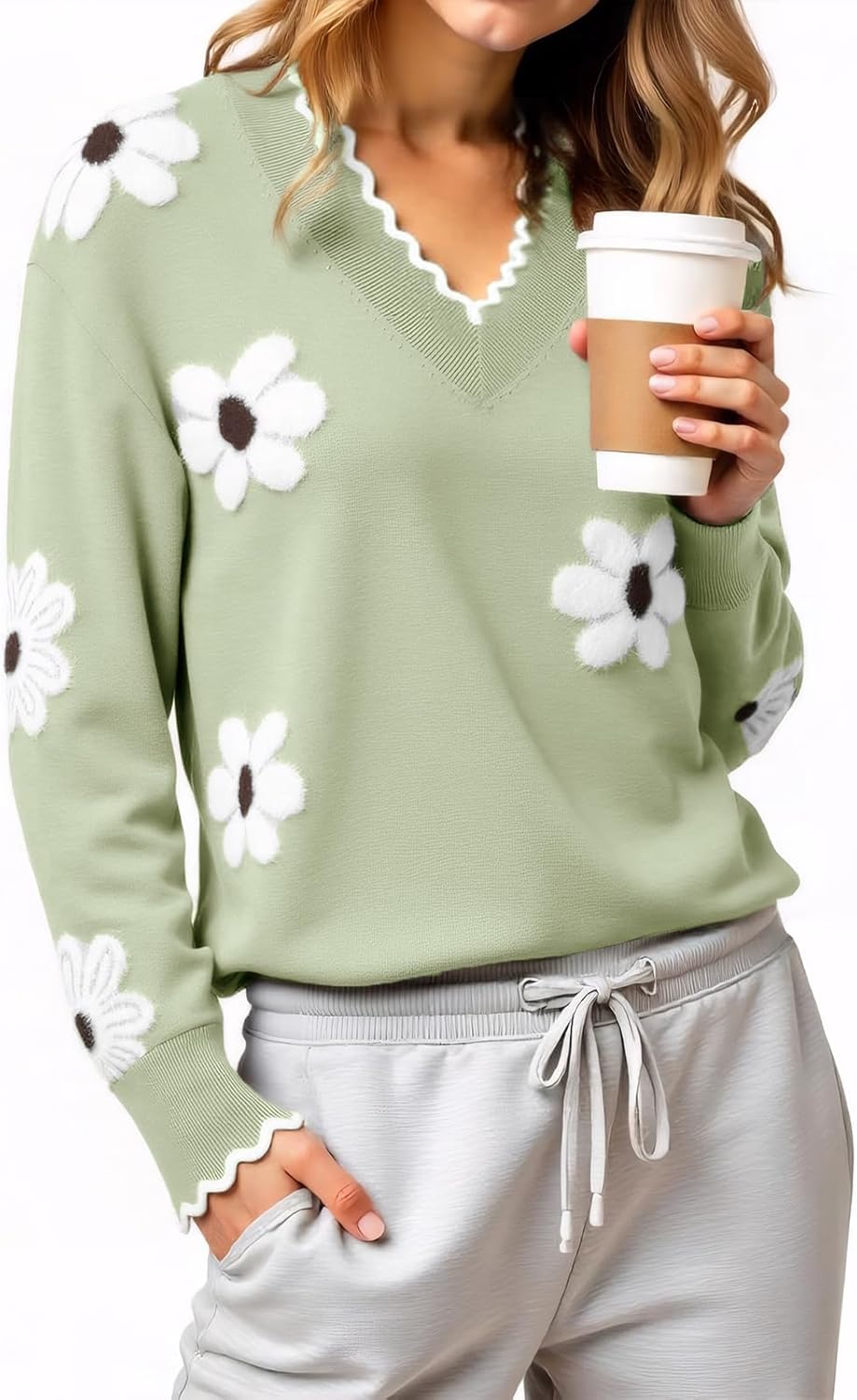 Cute Fall Flower Sweaters for Women, Casual Long Sleeve Pullover V Neck Lightweight Crochet Chunky Knit Pullover Jumper Tops - Image 3