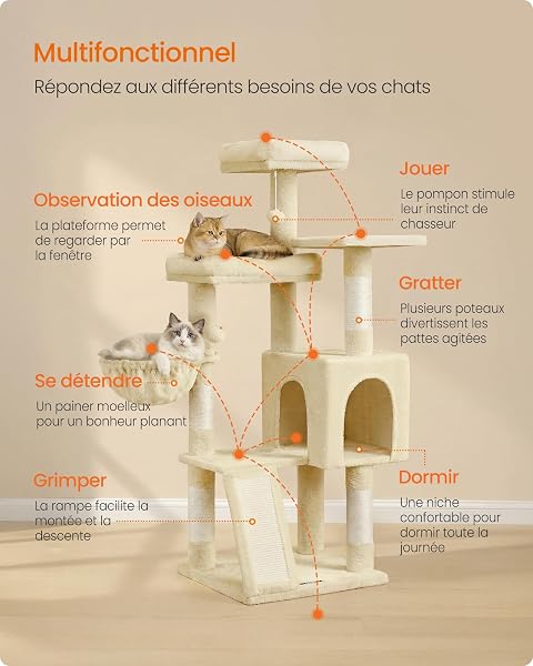 Feandrea Arbre à Chat, Tour pour Chat avec Poteaux à Griffer et Rampe, 3 Grandes Plateformes, 1 Niche, 1 Panier, 2 Pompons, 136 cm de Haut, Beige Sable PCT012LF01 - 3