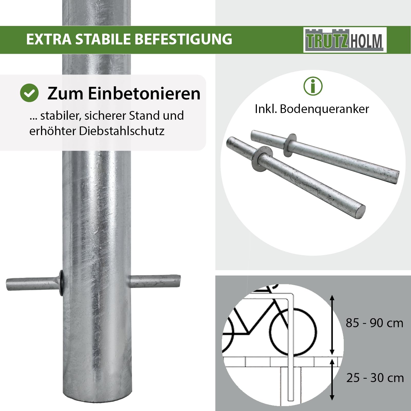 TRUTZHOLM 2x Fahrradanlehnbügel mit Knieholm 115x75 cm Stahl feuerverzinkt Ø 60 mm Anlehnbügel zum Einbetonieren Fahrradbügel Fahrradständer Parker Diebstahlsicherung Fahrrad Anlehner