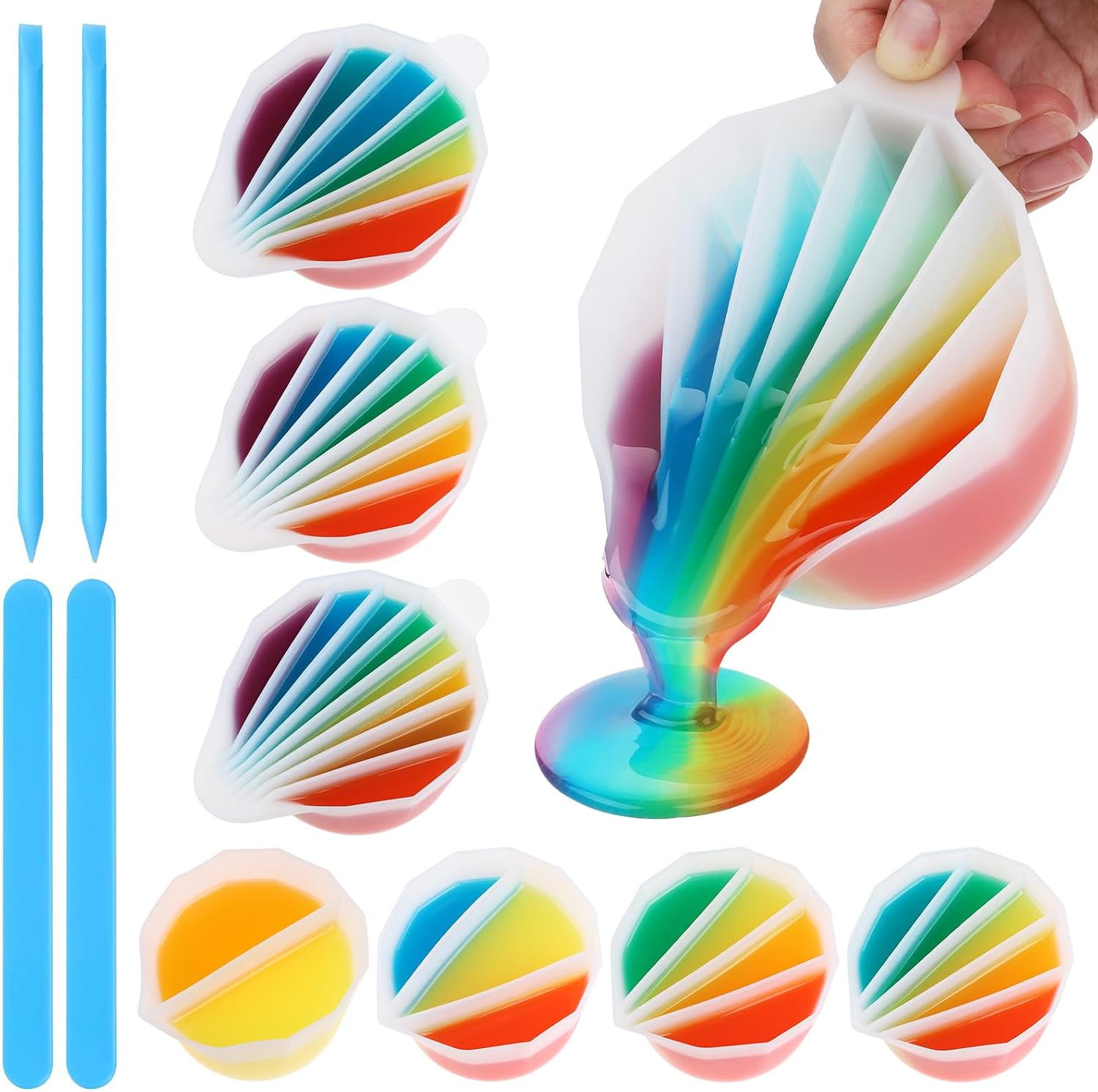 Gartful 11-Piece Split Cups and Stir Sticks Set, 7 Multi-Channel Silicone Cups & 4 Stirring Tools for Resin Paint Mixing Pouring, Fluid Art DIY