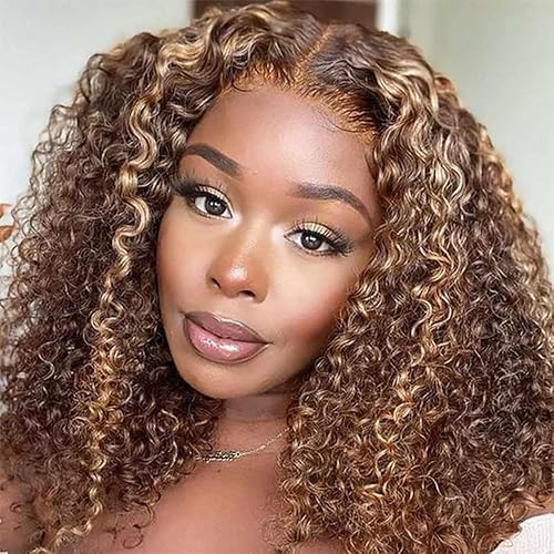 FASHION IDOL Deep Curly Hochglanzfarbe Bob Echthaarperücke Kurze lockige Lace Fr