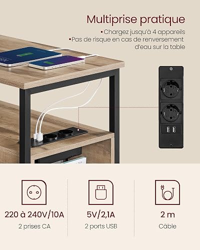 VASAGLE Table d’Appoint avec Multiprise, Petite et Fine avec 2 Tiroirs, Table de Chevet avec Rangement, pour Salon, Chambre, Marron Camel et Noir d'encre LET325K01 - 4