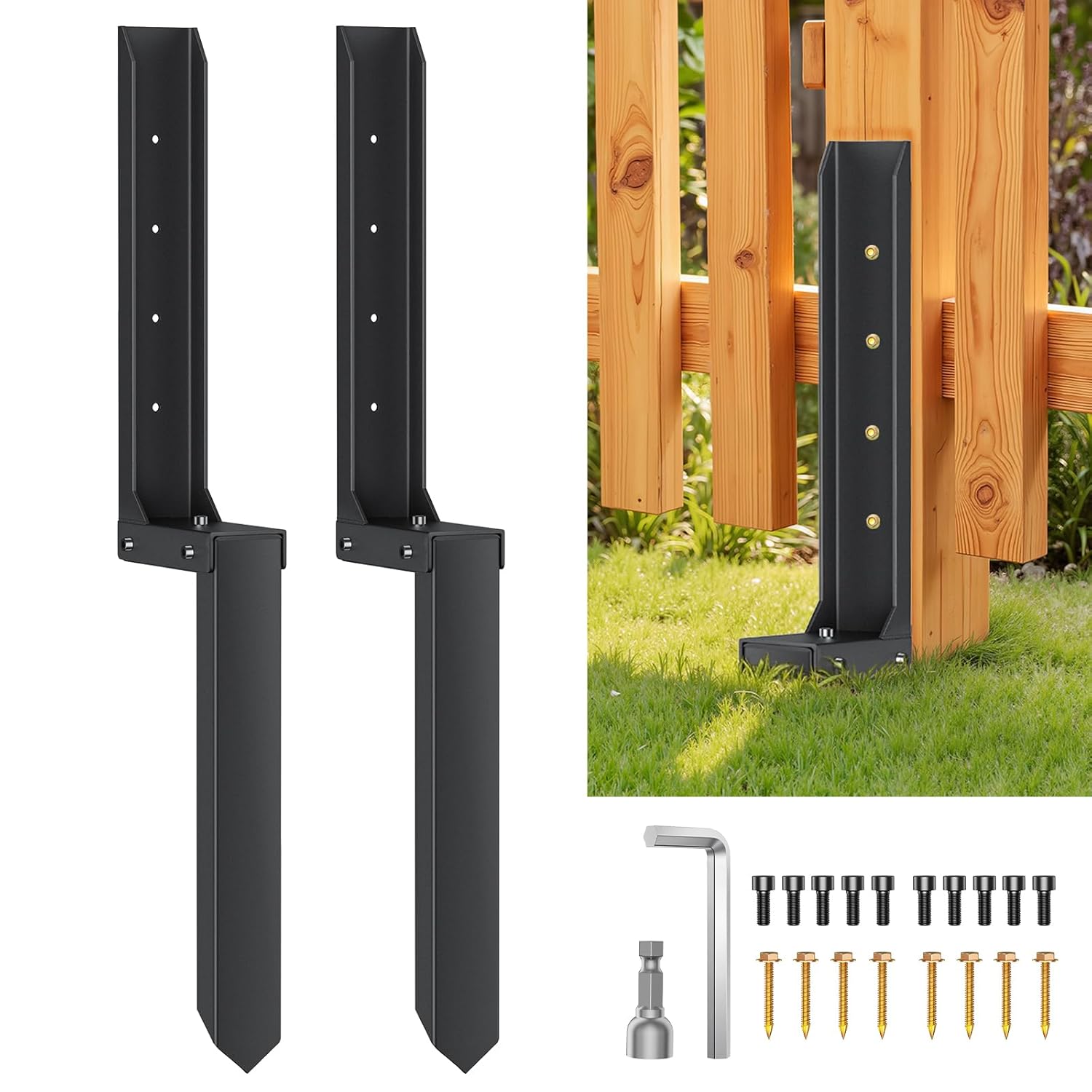 2PCS Fence Post Repair Kit, Max 8mm Thickened Double-Layer Fence Post Anchor, Heavy Duty Fence Post Repair Stakes, Anchor Ground Spike for Repairing Tilted/Broken Wood Posts