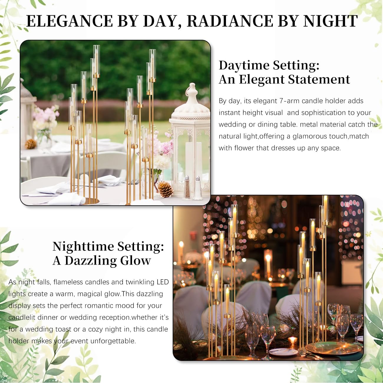 2Pcs Gold 7 Arm Candelabra Candle Stand for Wedding, Metal Candlestick Holder with Acrylic Lampshade for Theme Party Table Centerpieces Wedding Holiday Birthday Party (48Inch) Fit LED Taper Candles