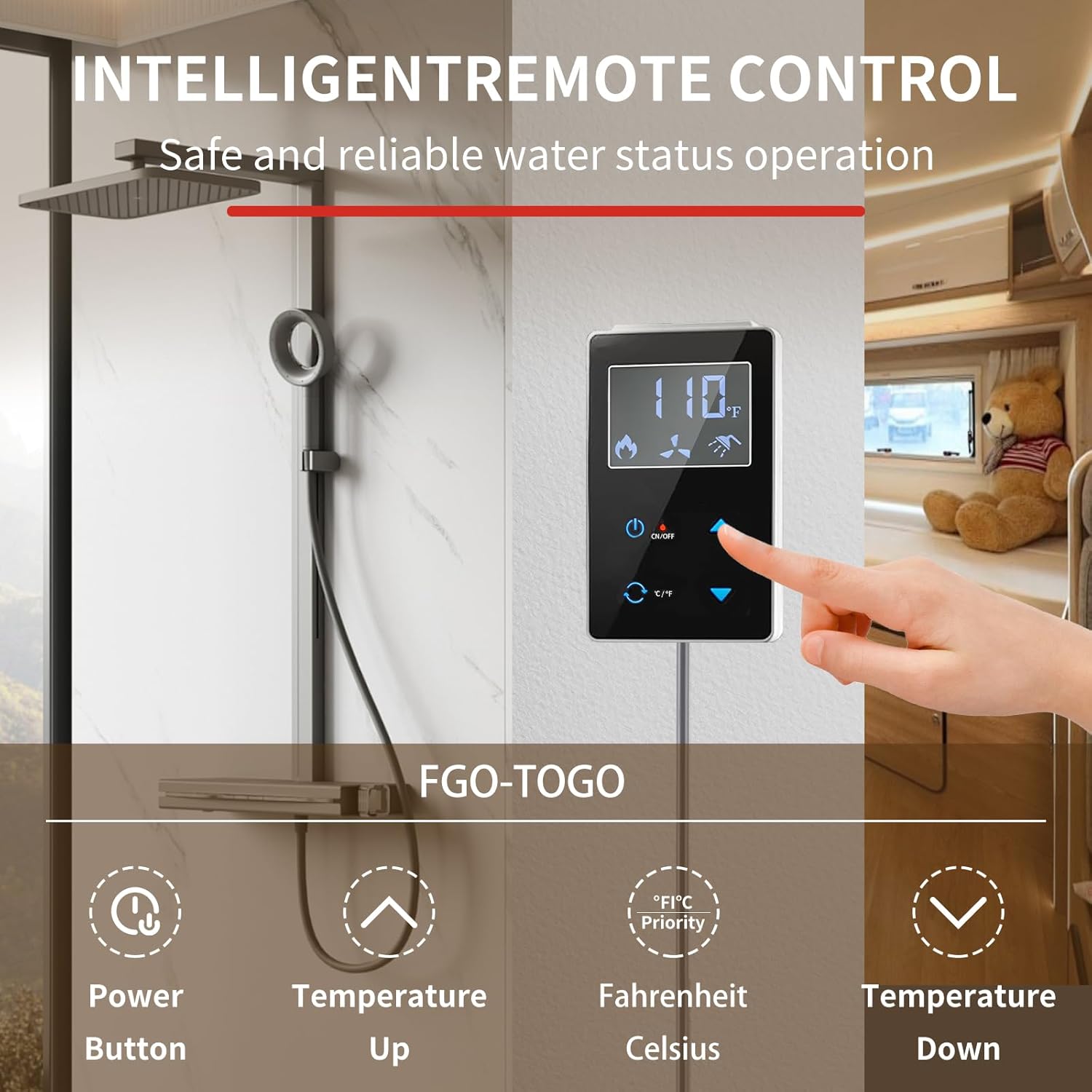 RV Tankless Water Heater, 65000 BTU Propane Water Heater with 15"x15" Door, Remote Controller, 12V DC Instant Propane Hot Water Heater Compatible with All RVs, Camper, High Altitude Available,Black