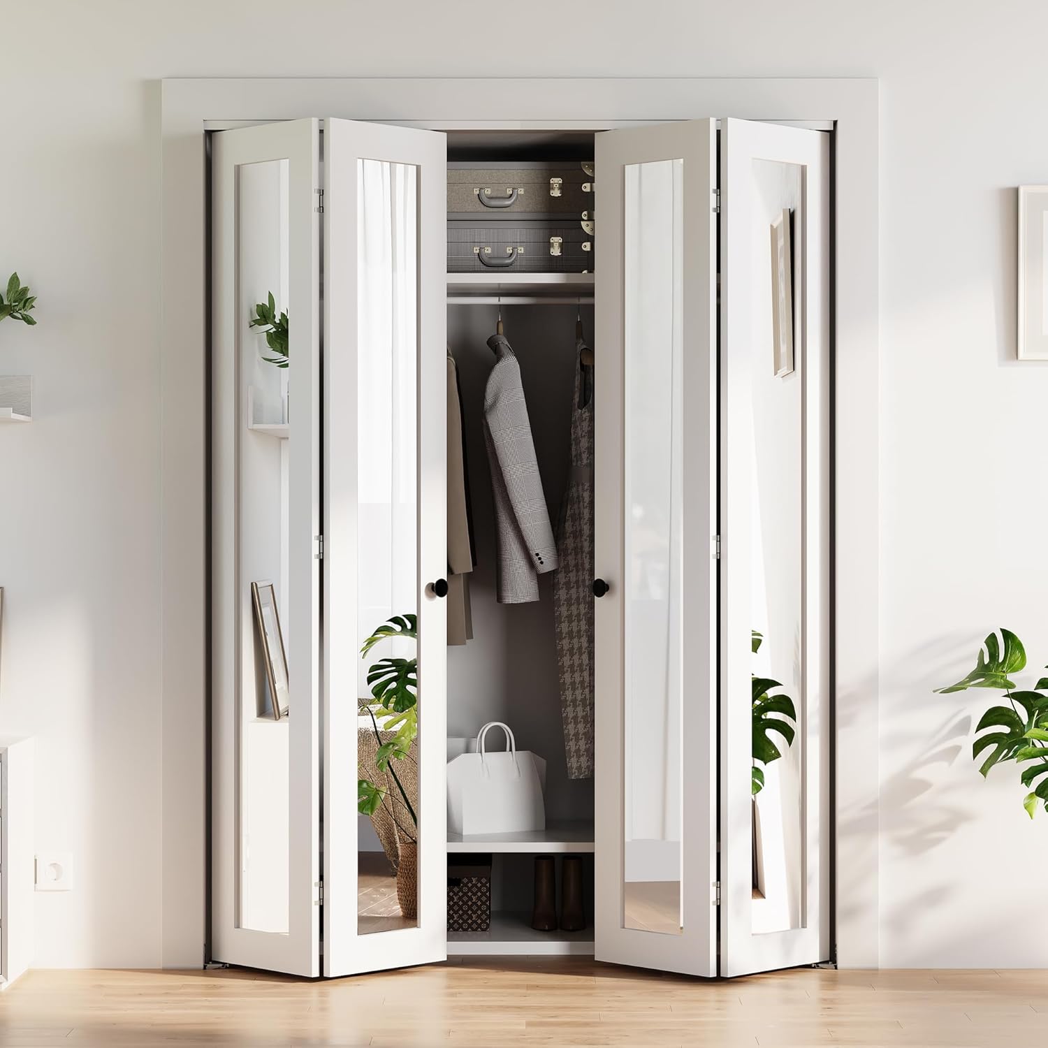 Bifold Doors for 60\" x 80\" Opening, 1-lite Mirror Closet Folding Doors with Hardware kit Included, Easy Assembly, White 59\"x78\"(fit opening 60''x80'') White. Missing hardware.