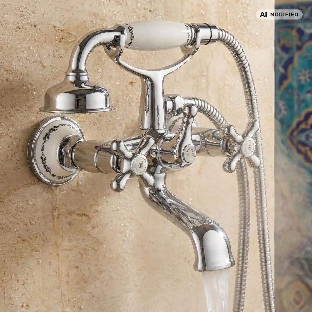 Grifo de Baño Nostálgico Estilo Campestre, Latón Cromado, Montaje en Pared, Altura 19 cm, con Ducha de Mano