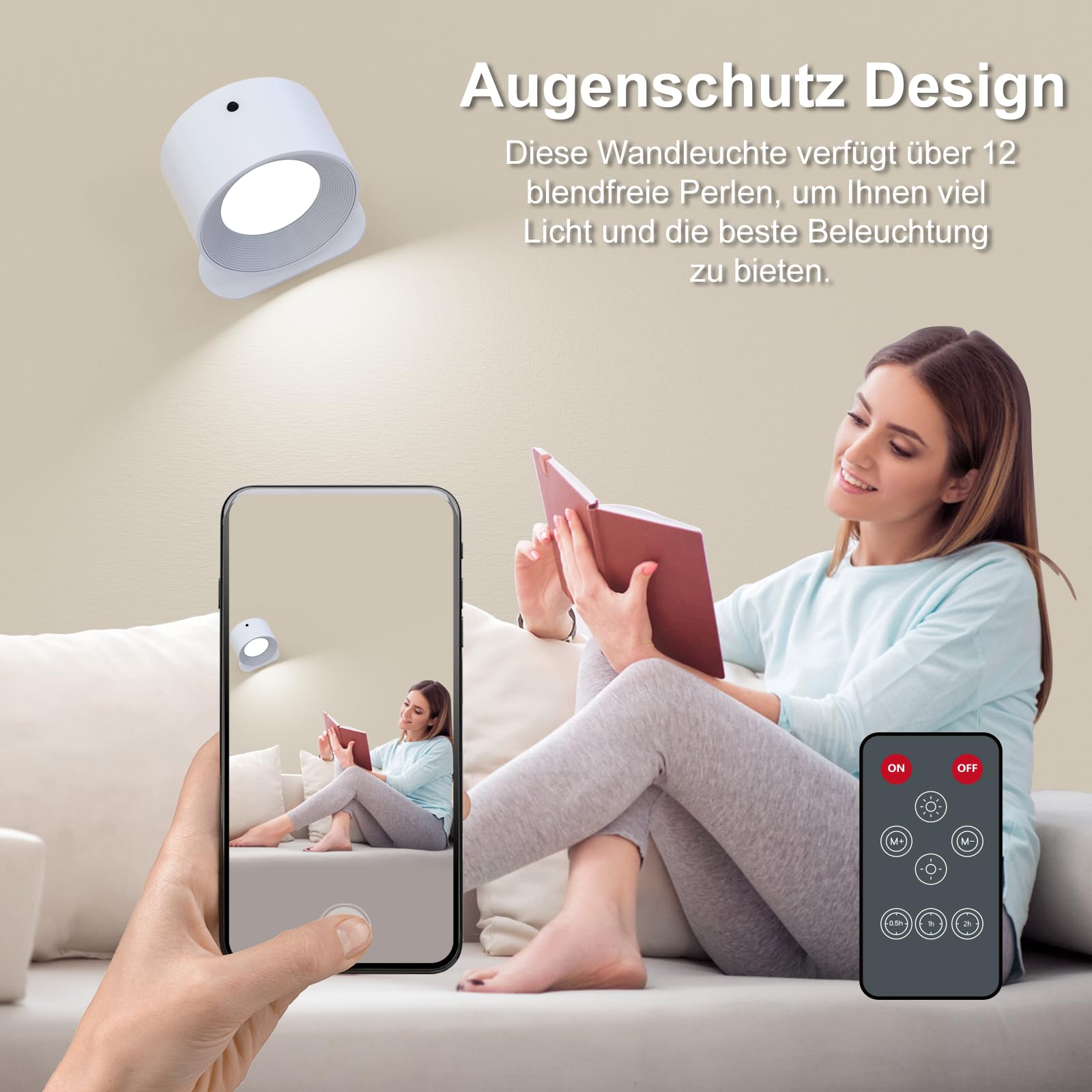 Lámpara de pared con mando a distancia, regulable, con batería con puerto de carga USB, para salón, dormitorio, color blanco, 3 unidades