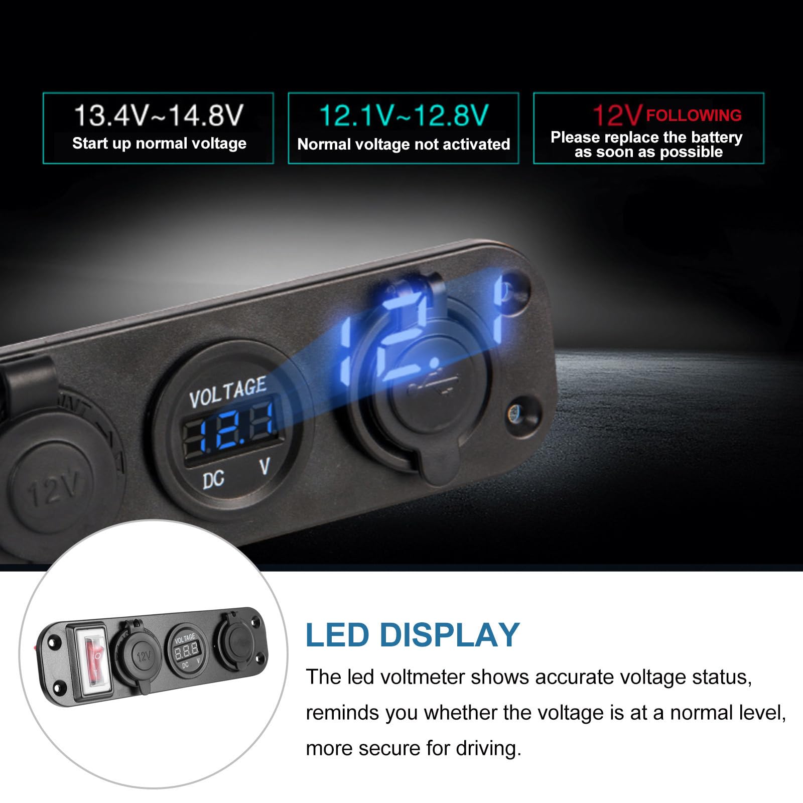CALLARON Caricatore Auto Doppia Porta USB e Voltmetro Digitale, Pannello Tre Prese Accendisigari 12-24v, Ricarica Simultanea per Auto e Barca