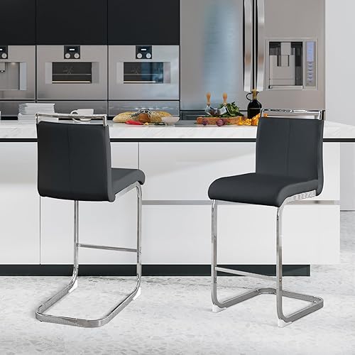 Miniatura 5 de Juego de 2 taburetes de bar de altura de mostrador con respaldo y reposapiés, modernos taburetes de cuero para mostrador, sillas de comedor sin