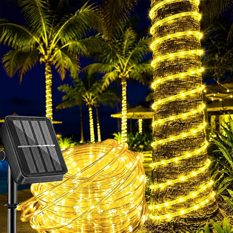 LairtPOW Luces solares de cuerda de 39 pies, IP65 100 luces LED para patio jardín | IP65 a prueba de agua, encendido/apagado automático, brillo blanco cálido, diseño de 8 modos de iluminación para árboles, patio, exteriores, decoración navideña