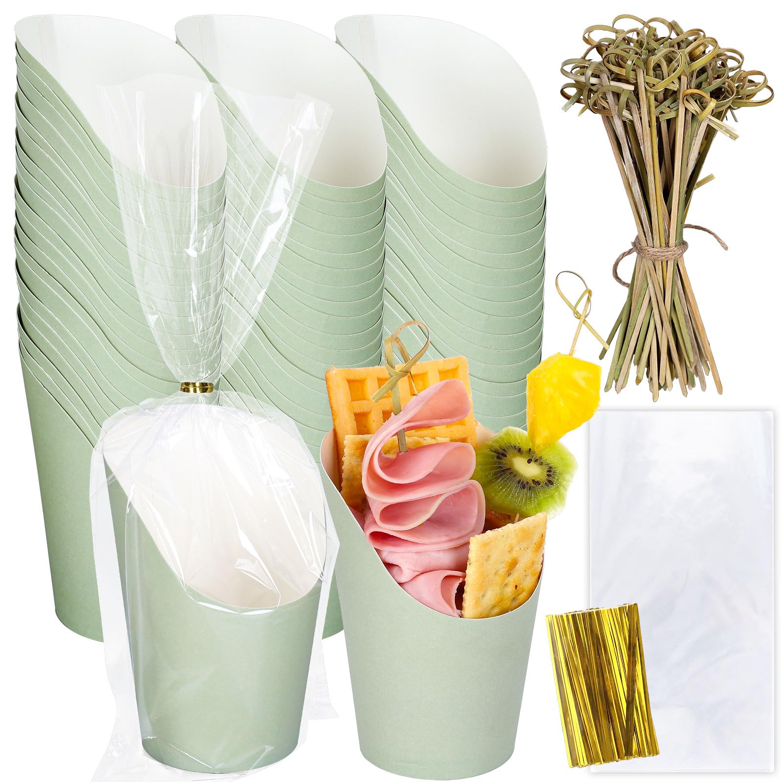 Whaline 50Pcs Sage Green Charcuterie Cups with Bamboo Sticks Plastic Treat Goodie Bags Gold Twist Ties 14oz Disposable Paper French Fries Cup Holder for Home Kitchen Baby Shower Birthday Party Supply