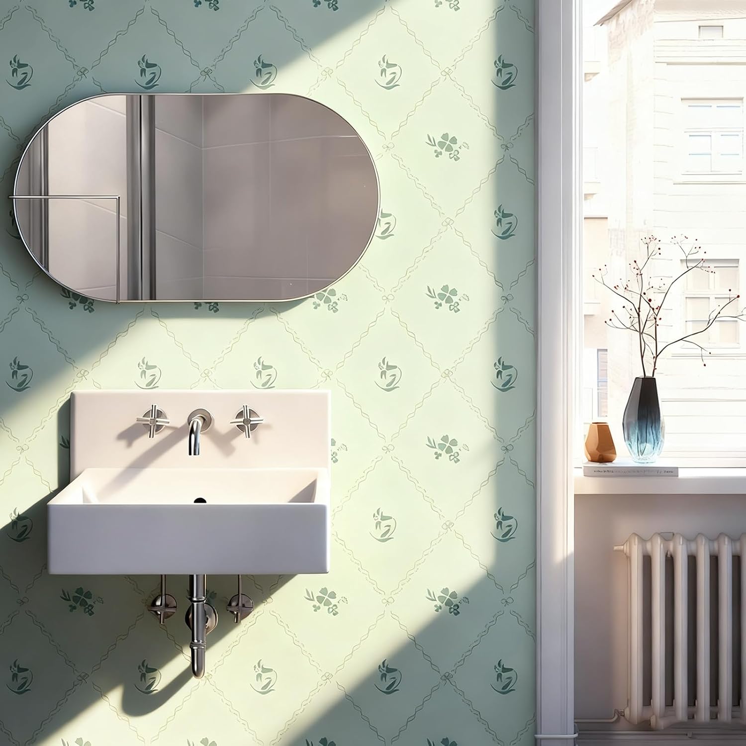 Hopepak Peel and Stick Wallpaper Stripe Floral Wallpaper 17" x 78.7" Green Flower Bow Contact Paper Self Adhesive Removable Wall Paper Vinyl for Living Room Bedroom Bathroom Cabinets Wall Decor