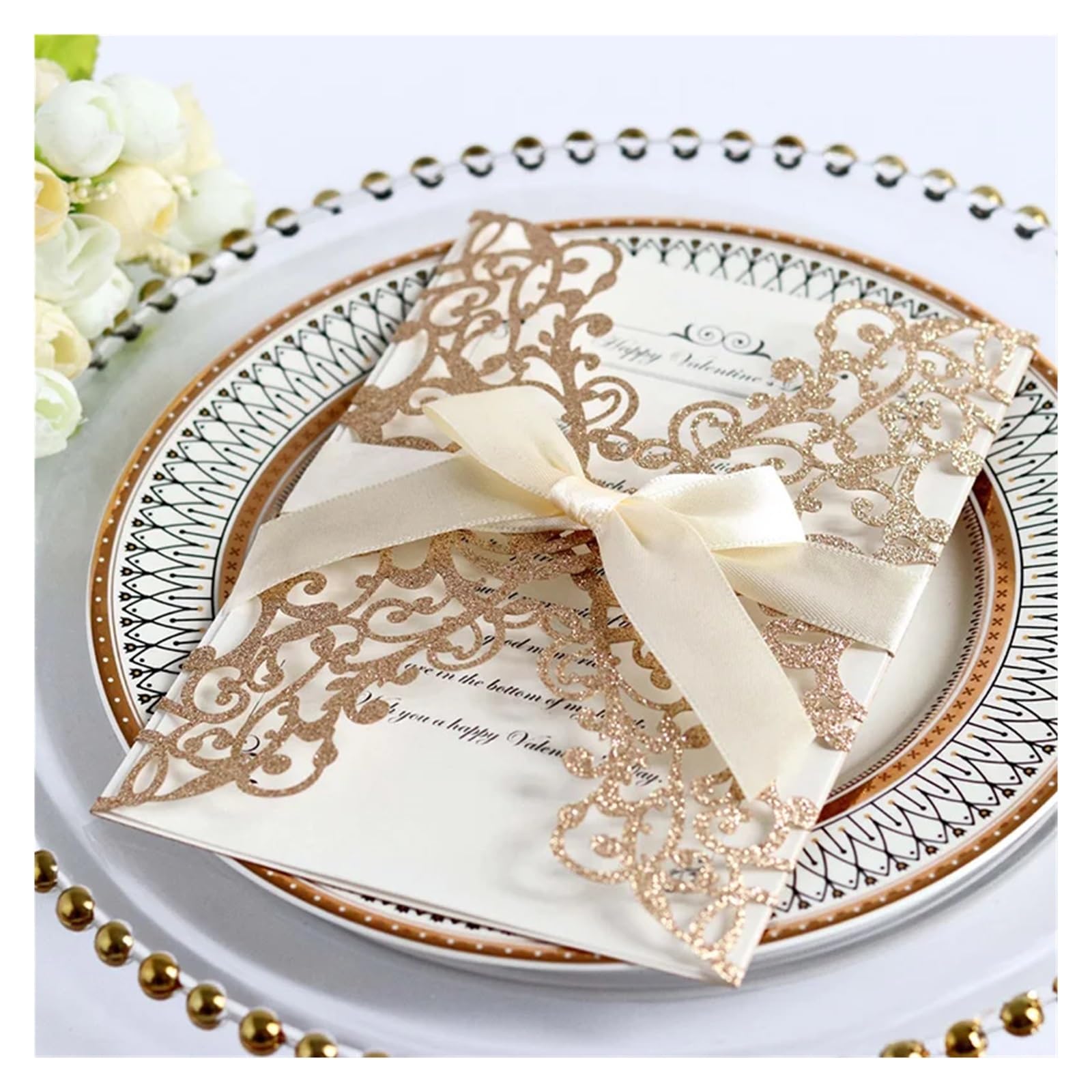 Invitaciones Boda 25/50pcs Glitter Paper Wedding Invitations Card Lace Flower Greeting With Ribbon Brithday Party Supplies(Only Silver Cover,50pcs)