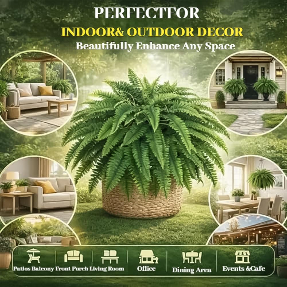 2026 New UV Resistant Lifelike Artificial Boston Fern, Large Fake Ferns, 38/60/88 Leaves Silk Artificial Ferns Maintenance-Free for Outdoor Hanging Baskets, Porch, Garden Décor (60 Leaves)