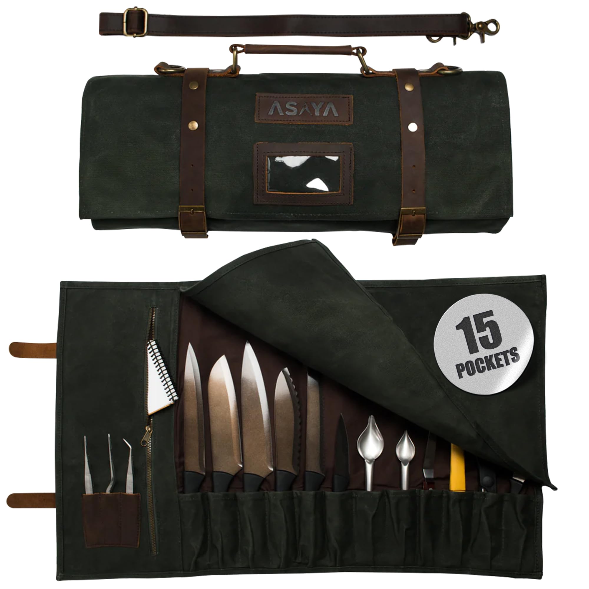 Asaya Waxed Canvas Knife Roll Bag Green