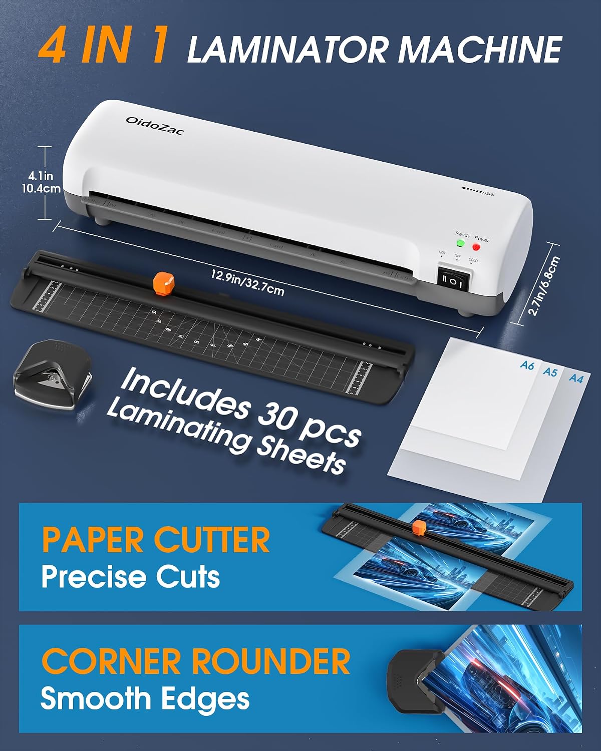 9 Inch Laminating Machine with Hot & Cold Modes, Portable Thermal Laminator Machine with 30 Laminating Sheets, ABS Jam Release, Paper Trimmer & Corner Rounder for Home Office School, Gray&White