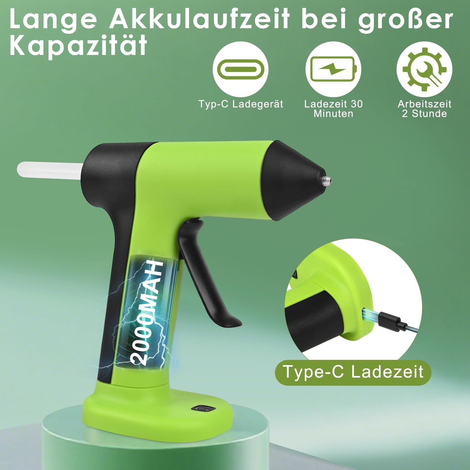GuKKK Heißklebepistole mit 20 Heißklebesticks 8mm, Heissklebepistole Akku 2000mAh Klebepistolen, USB Typ-C Aufladende, Klebepistole Kabellos zum Basteln DIY Basteln Reparatur Zuhause und Büro