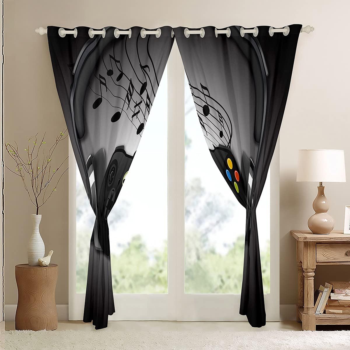Wееklу Tор Sаlе Games Curtains Black Grey Headphones Musical Notes Design Gamepad Window Curtain for Kids Boys Video Game Room Decor Cool Retro Playing Gamer Windows Drapes Gaming Controller Curtains 52 X 90,2 Panels