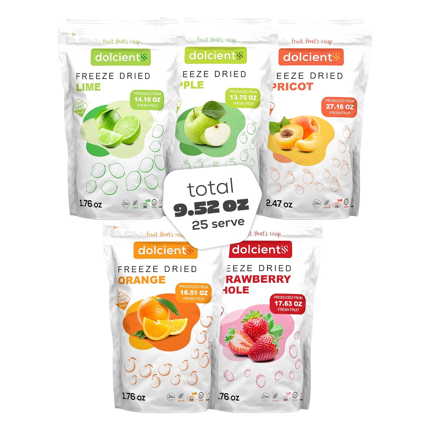 BBD: 10/11/2025 Dolcientis Freeze Dried Strawberries, Apple, Lime, Apricot, Orange, 9.52 oz, 25 Servings |100% Natural Mix Dried Fruit Snacks| Non GMO, Kosher, Gluten Free, Vegan, No Sugar Added (Pack of 5)