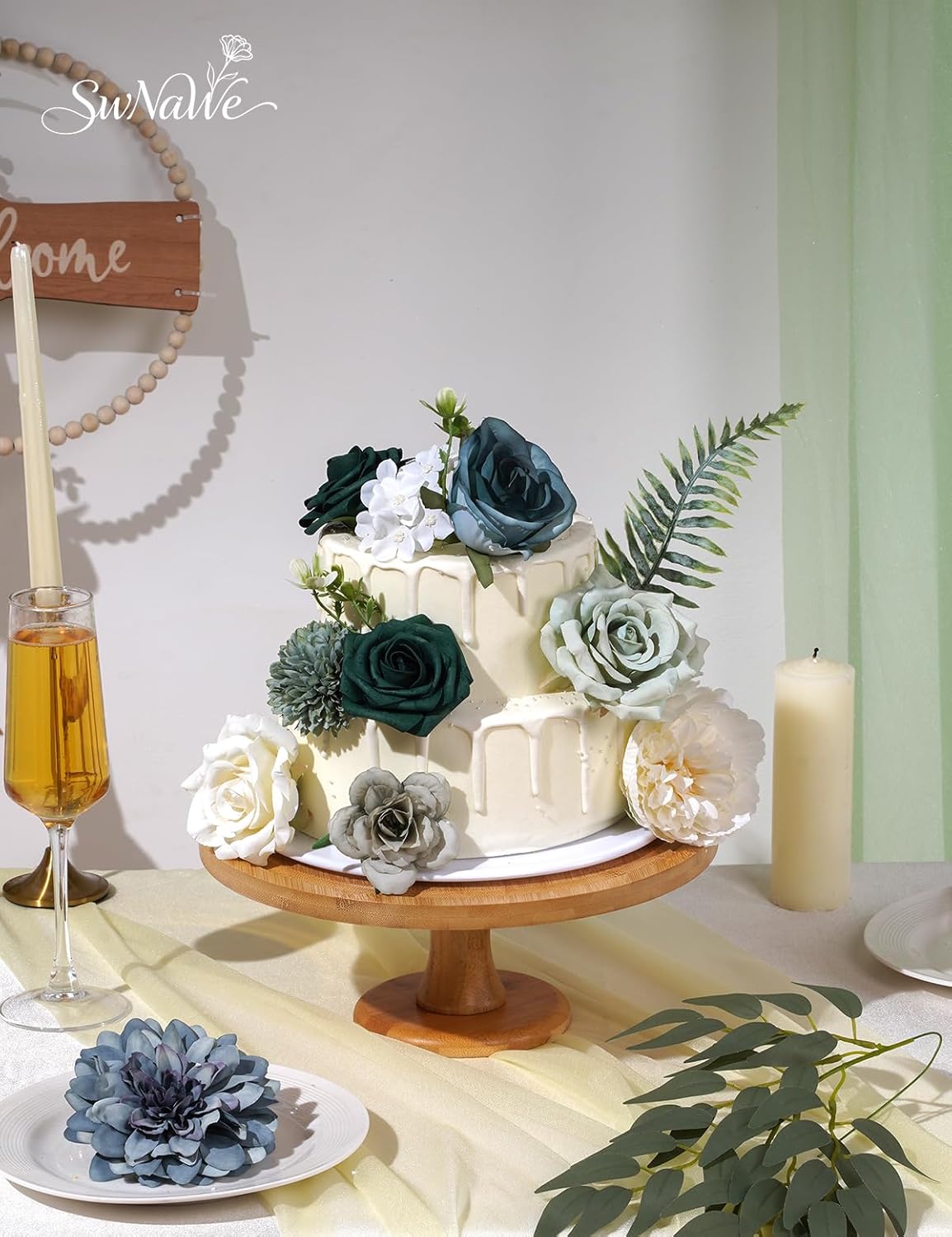 Green Flowers Artificial Roses Combo Set Fake Green Silk Flowers Faux Flowers Mix Dahlia Chrysanthemum with Stems for Wedding Bouquets Baby Bridal Shower Party St Patrick’s Day Decor