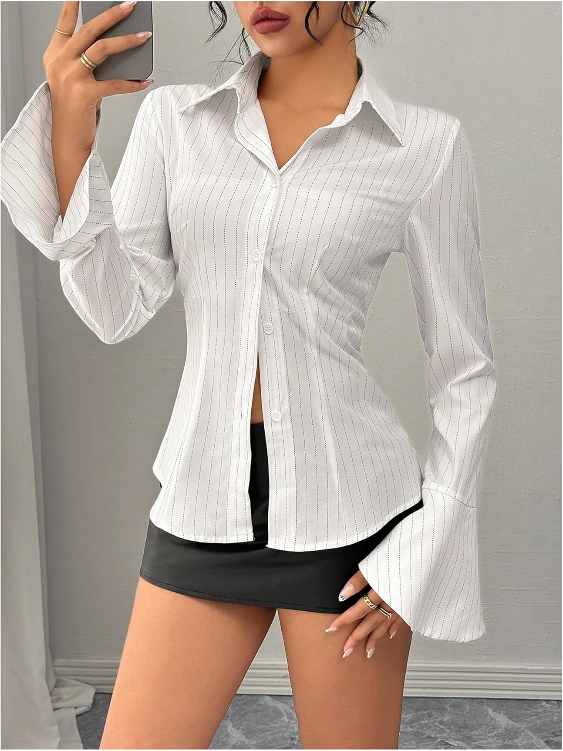 Floerns Women's Striped Button Down Shirts Bell Sleeve Business Casual Blouse Tops - Image 2