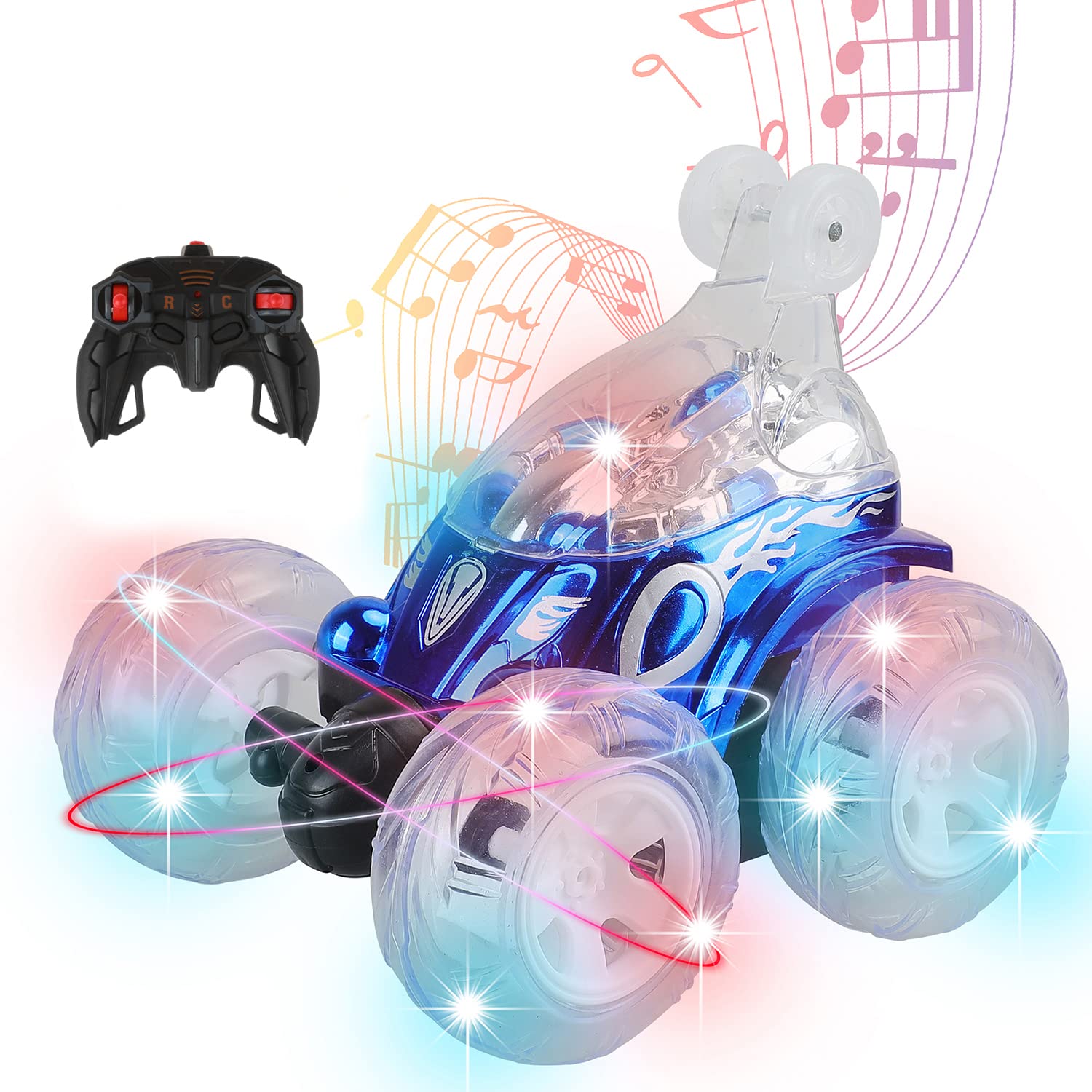 RC Cars for Kids 2.4GHz Fast Stunt RC Car 360 Rotating 4WD Off Road Rotating Tumbling with LED Lights Music Christmas Birthday Gift for Kids Boy Girl